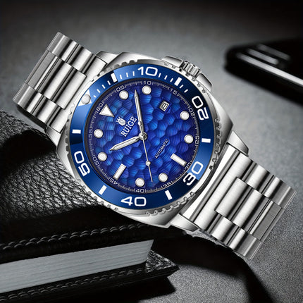 Men's Luxury Automatic Mechanical Watch with Date Chronograph - Stainless Steel Blue Dial Dress Watch,