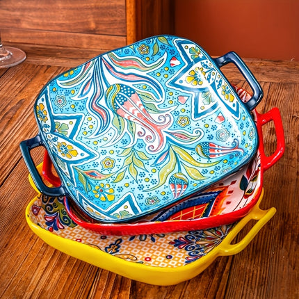 Set of Four Bohemian Square Plates with Double Handles! These Ceramic Serving Dishes Are