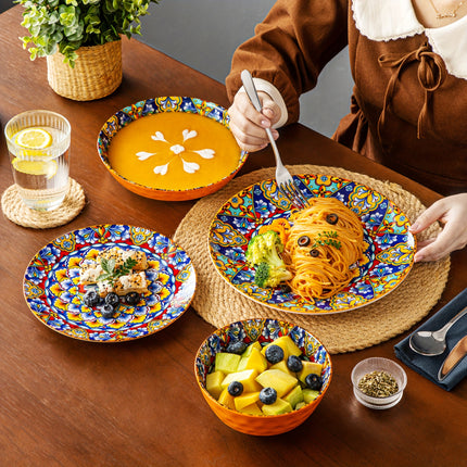 24pcs Dinner Set Stoneware Bohemian Style Tableware with Dinner Plate Dessert Plate Pasta Bowl Cereal Bowls