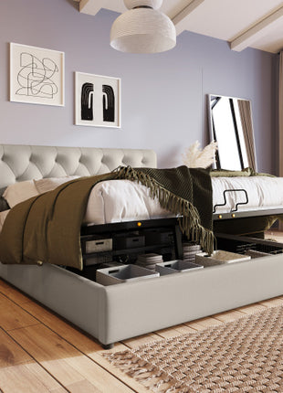 Double Bed With Adjustable Headboard In Linen