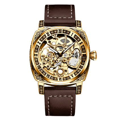 1pc Men's Roman Numeral Mechanical Watch - Automatic Winding Luxury Dress Watch with Golden-Tone