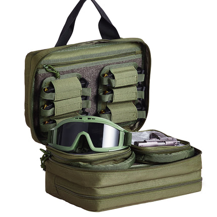 Range Bag for 2 Pistols, Tactical Gun Bag with 2 Built-in Removable Pistol Bags & 6 Detachable Magazines, Gun Range Bag for Outdoor Hunting Shooting, Lockable Carrying Handgun Bag Case, Green