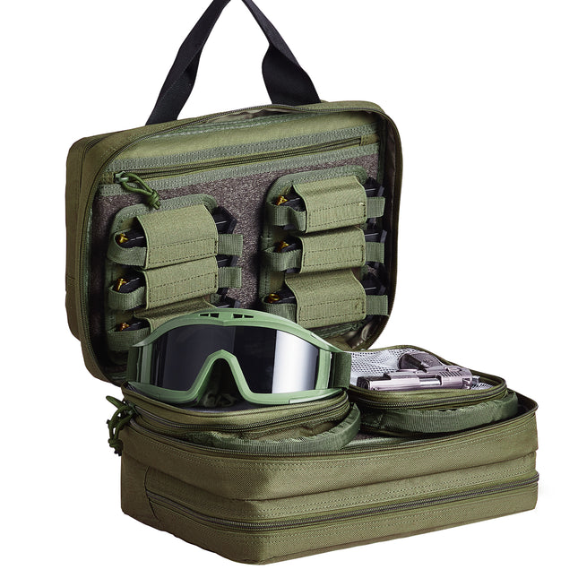 Range Bag for 2 Pistols, Tactical Gun Bag with 2 Built-in Removable Pistol Bags & 6 Detachable Magazines, Gun Range Bag for Outdoor Hunting Shooting, Lockable Carrying Handgun Bag Case, Green