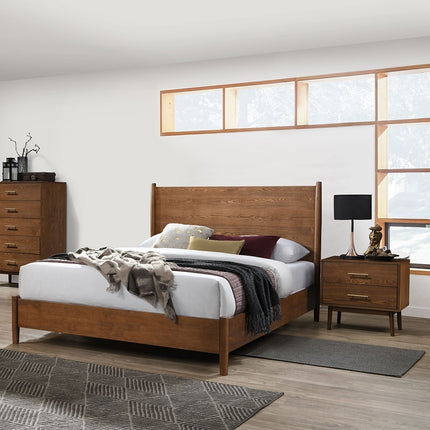 Walnut Color Panel Headboard 3pc Bedroom Set Full Size Bed 2x Nightstands Wooden Mid-Century Modern Style