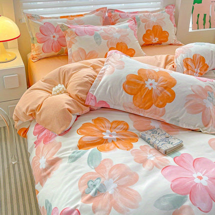 3pcs Soft & Comfortable Floral Bedding Set - Vibrant Orange & Pink Flowers, Machine Washable Polyester,
