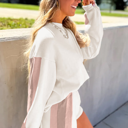 White Color Block Patchwork Drop Shoulder Pullover Casual Shorts 2pcs Outfit