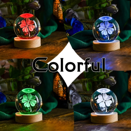 1pc 3D Four-Leaf Clover Crystal Ball with Multicolor Lighting Base,Good Luck Style Night
