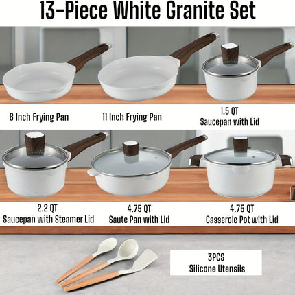 13pcs Pots and Pans Set, Nonstick White Granite Set, Cookware Sets Suitable for Gas, Electric