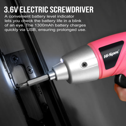 Hi-Spec Pink 3.6v Electric Screwdriver + Hand Tool Set Compact Handheld, Includes Hammer, Pliers,