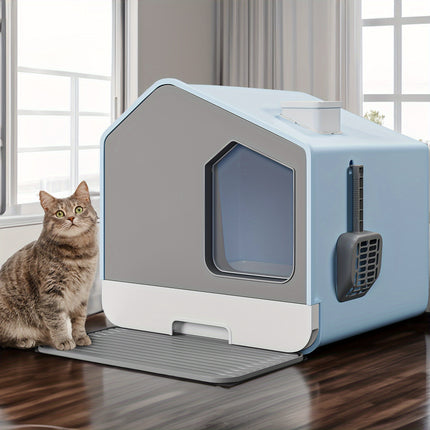 Silicone & PP Large Enclosed Cat Litter Box with PAD and Shovel, Odorless Splash-Proof Cover, Easy No-Install Design for Cats