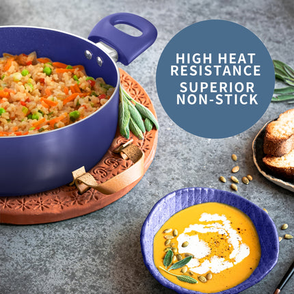 6pcs Nonstick Cookware Set - Diamond Blue, Aluminum & Ceramic Pots and Pans Lids,