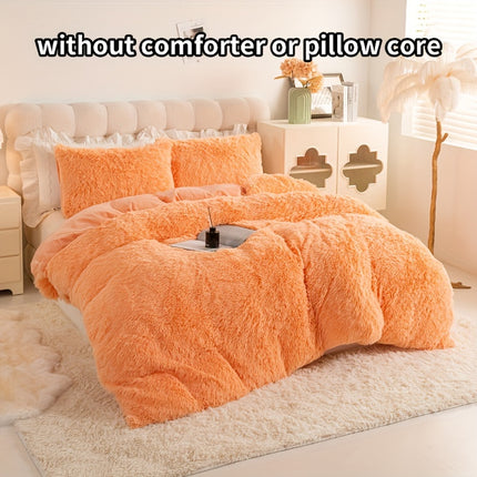 3pcs Solid Color Polyester Plush Duvet Cover Set, Winter Bedding, Machine Washable, Zipper Closure, 250-300g Fabric, Active Print, No Filler, Pillowcases Included
