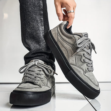 Men's Olive Green PU Low-Top Sneakers - Chunky Rubber Sole Skate Shoes, Lace-Up All-Season Casual