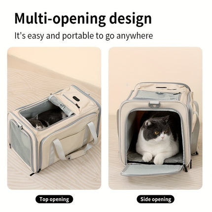 Expandable Large-Capacity Cat Carrier - Portable Linen Pet Travel Bag with Zipper Closure for Two Cats, Ideal for Outdoor Use