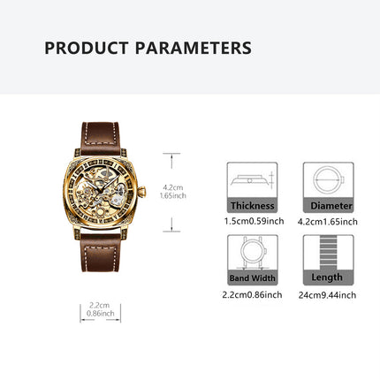 1pc Men'S Yellow Brown PU Belt Street Rascal Handsome Carved Tourbillon Fully Automatic