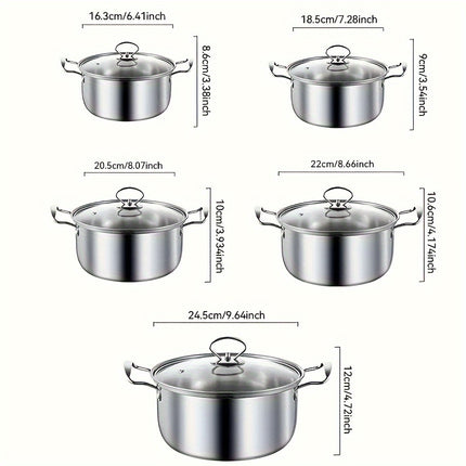 10pcs Stainless Steel Cookware Set - 5 Pots & 5 Lids, Double Handles for Easy Grip,