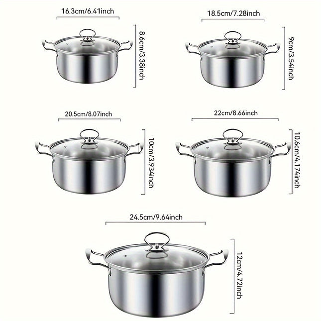 10pcs Stainless Steel Cookware Set - 5 Pots & 5 Lids, Double Handles for Easy Grip,