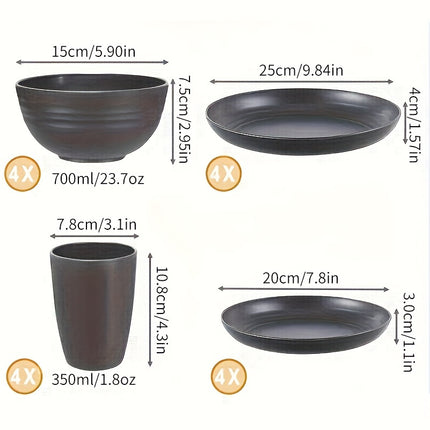 32pcs Grey Wheat Cutlery, Durable Black Set Microwave And Dishwasher Safe Includes 16 Plates, 8 Bowls