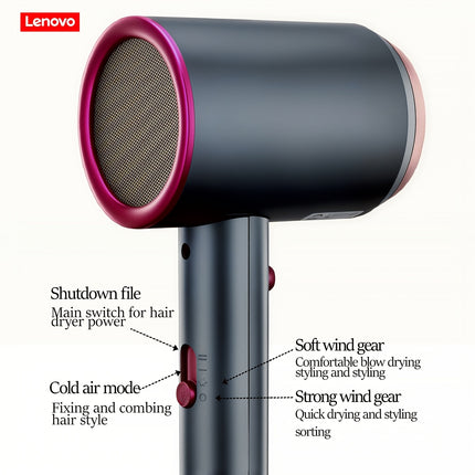 Lenovo Hair Dryer, Fast Drying, Multi-Speed Settings, Hot & Cold Air Switch, Low Noise, Overheat Protection,
