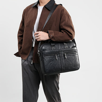 Men'S Vintage Multi-Zip Business Briefcase, 14-Inch Laptop Bag, Shoulder And Hand-Held Bag