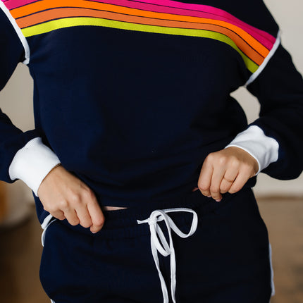 Bluing Colorful Striped Accent Varsity Long Sleeve Pullover and Shorts Matching Set