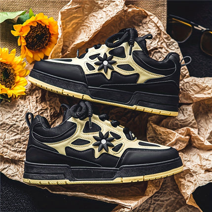 Men's Trendy Flower Pattern Lace Up Skateboard Shoes, Non Slip Comfy Platform Shoes, All Seasons
