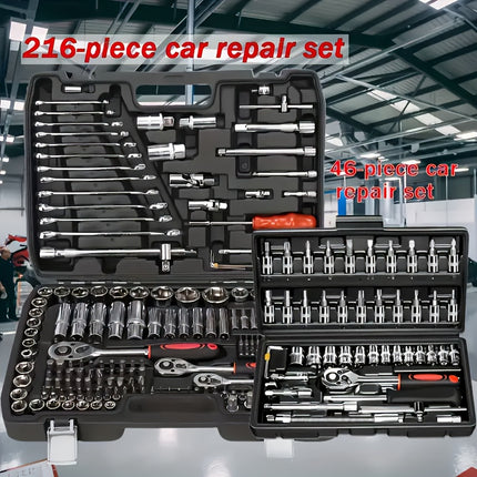 Multi-Functional Car Repair Tool Kit, Upgraded Black 46 Black 216, Equipped with Plastic Storage Box,