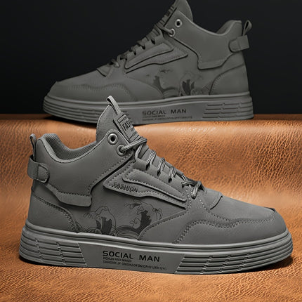 Men's High-Top Casual Sneakers - Solid Color Lace-Up Boots with PU Upper,