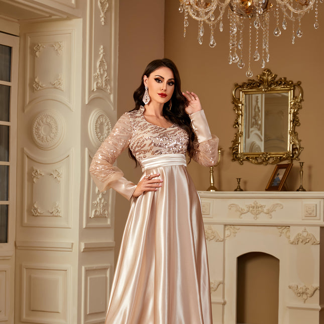 Women's Elegant Long Sleeve Satin Evening Gown - Waist-Cinching Slim Fit A-Line Dress