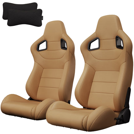 2PC Universal Racing Seats Stitch Brown PVC Leather Reclinable Carbon Look Leather Brown With Adjustor Slider(Not Including Seat Bracket ) 1 box of 2 pieces
