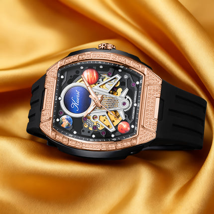Men'S Silicone Strap Fully Automatic Mechanical Watch 3D Stereoscopic Skeleton Technology