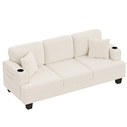 Sofa Couch 84" 3-Seater with 2 Pillows, Cup Holders & Side Pockets - Space-Saving Grey Foam
