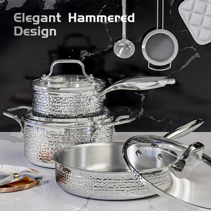 6-Piece Hammered Stainless Steel Cookware Set - Premium Non-Toxic Pots and Pans with Glass Lid,