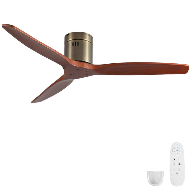 52 inch Low Profile Flush Mount Bronze Finished Ceiling Fan without Light American Farmhouse Rustic Elegance Classical Walnut Solid Wood Blades