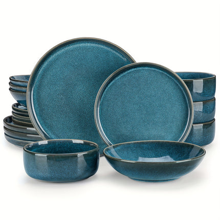 16pcs Dining Set Featuring Blue Stoneware with a Double-Sided Reactive Glaze Design
