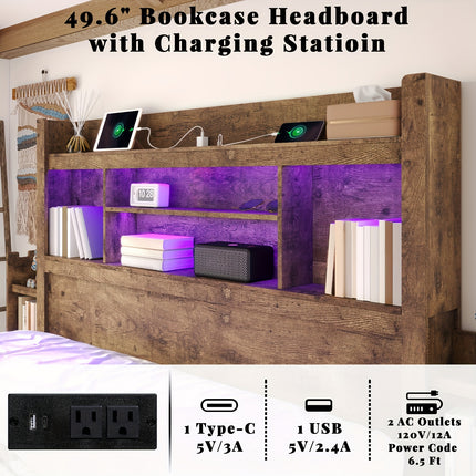 Wooden Bed Frame for a Farmhouse Style Featuring Four Storage Drawers, an LED Headboard