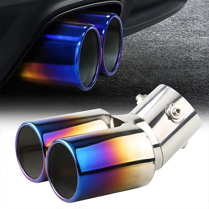 Universal Dual Exhaust Pipe with Blue Tips, Made of Stainless Steel, Designed for