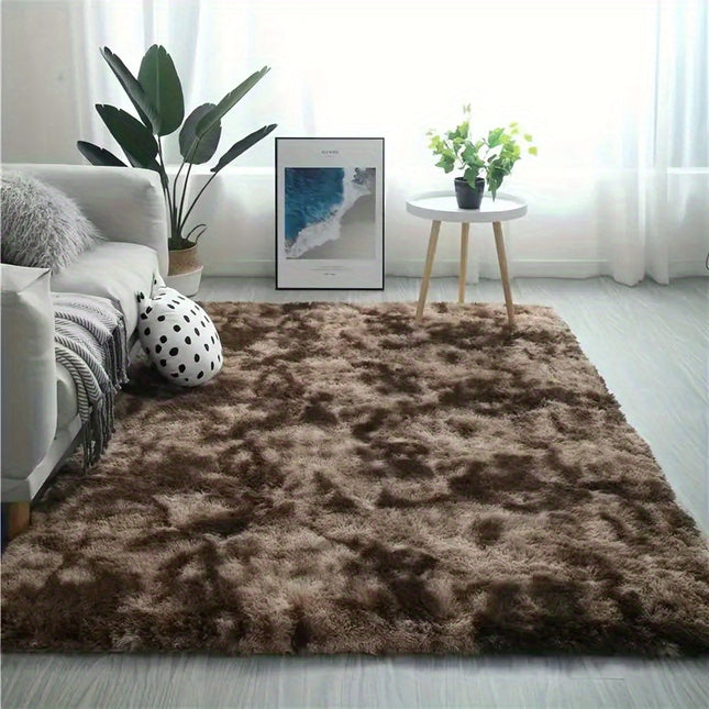 A Tie-Dye Coffee-Colored Plush Rug - a Rectangular Mat Designed for The Living Room, Bedroom