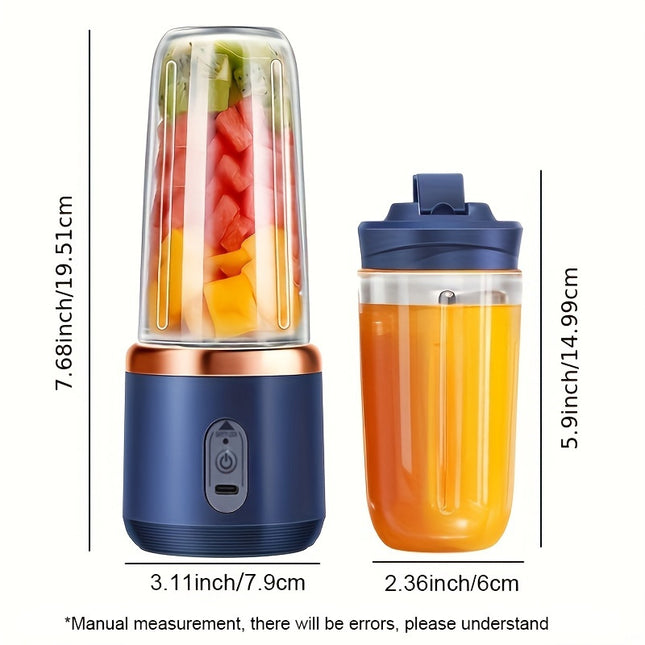 Portable Electric USB Juicer Blender, Double Cup, with Detachable 12.85oz Cup, Six Blades, Button Control, Rechargeable 1500mAh Lithium Battery, for Milkshakes, Smoothies and Citrus Juices - Easy to Clean, Food Grade Material