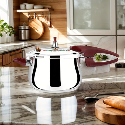 Large Capacity Stainless Steel Pressure Cooker with Red Handles - Quick-Lock, Energy-Saving