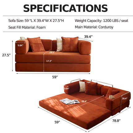 Sofa Bed | Convertible Floor Boneless Couch with Comfy Pillow, Modular Modern Corduroy Sofa