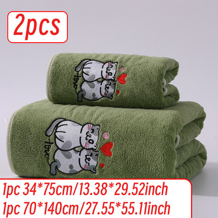 2pcs Cartoon Cat Embroidery Towel Set, Super Absorbent Coral Fleece, Soft & Comfortable