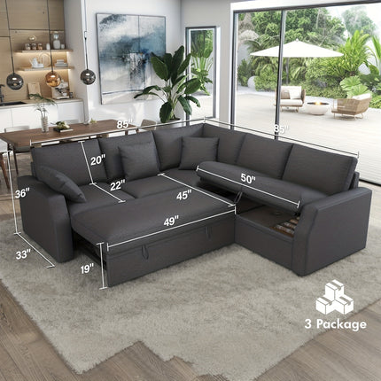Sofa Bed with Pull-Out Mattress And Storage Seating, Linen Fabric Corner Sectional Suitable