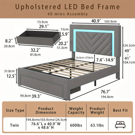 Bed Frame Featuring an Adjustable LED Headboard And Built-In Charging Station