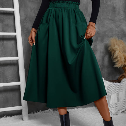 Solid Ruffle Hem Skirt, Elegant Patched Pocket Elastic Waist Loose Midi Skirt For Fall & Winter, Women's Clothing