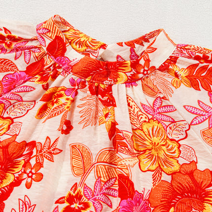 Orange Floral Print Pearl Button Keyhole Long Puff Sleeve Blouse