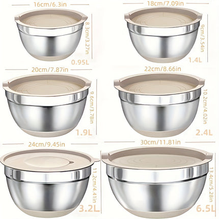 Stainless Steel Non-Slip Silicone Bottom 6pcss Mixing Bowl Set with Sealing Lid And 3 Grater Attachments