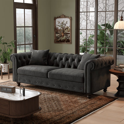 Sofa, Crafted with Black Velvet And Featuring Rolled Arms