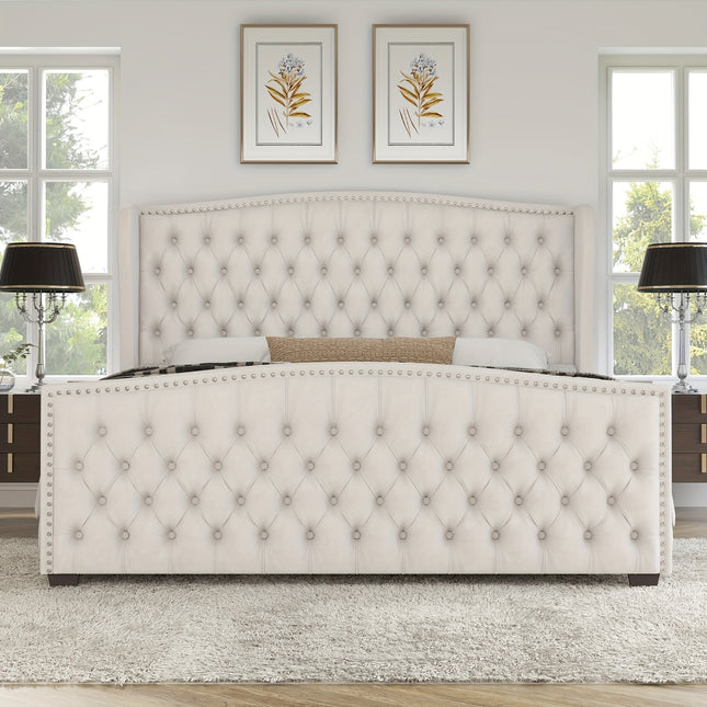 Handcrafted Velvet Bed Frame Featuring a Wingback Headboard,