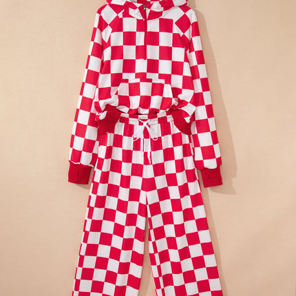 Red Checkered Print Half Zip Hoodie Loose Pant Set